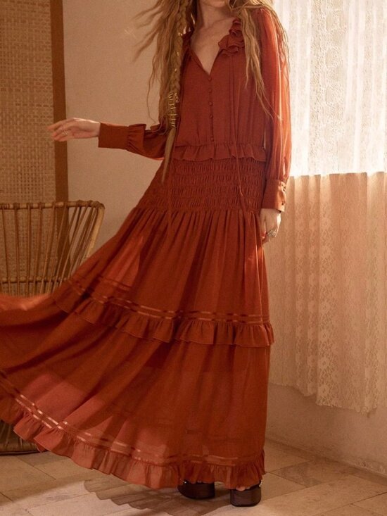 Dresses & Skirts - Rust Brown Ruffle Collar Smocked Maxi Dress